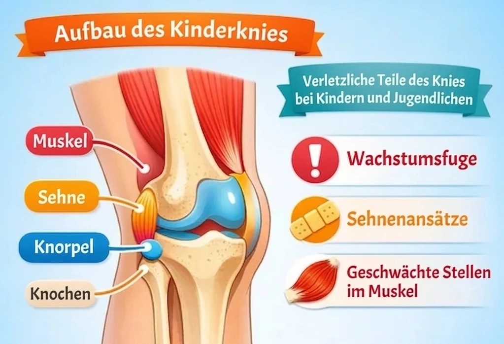 Beschreibung der einzelnen Teile des Knies eines Kindes.