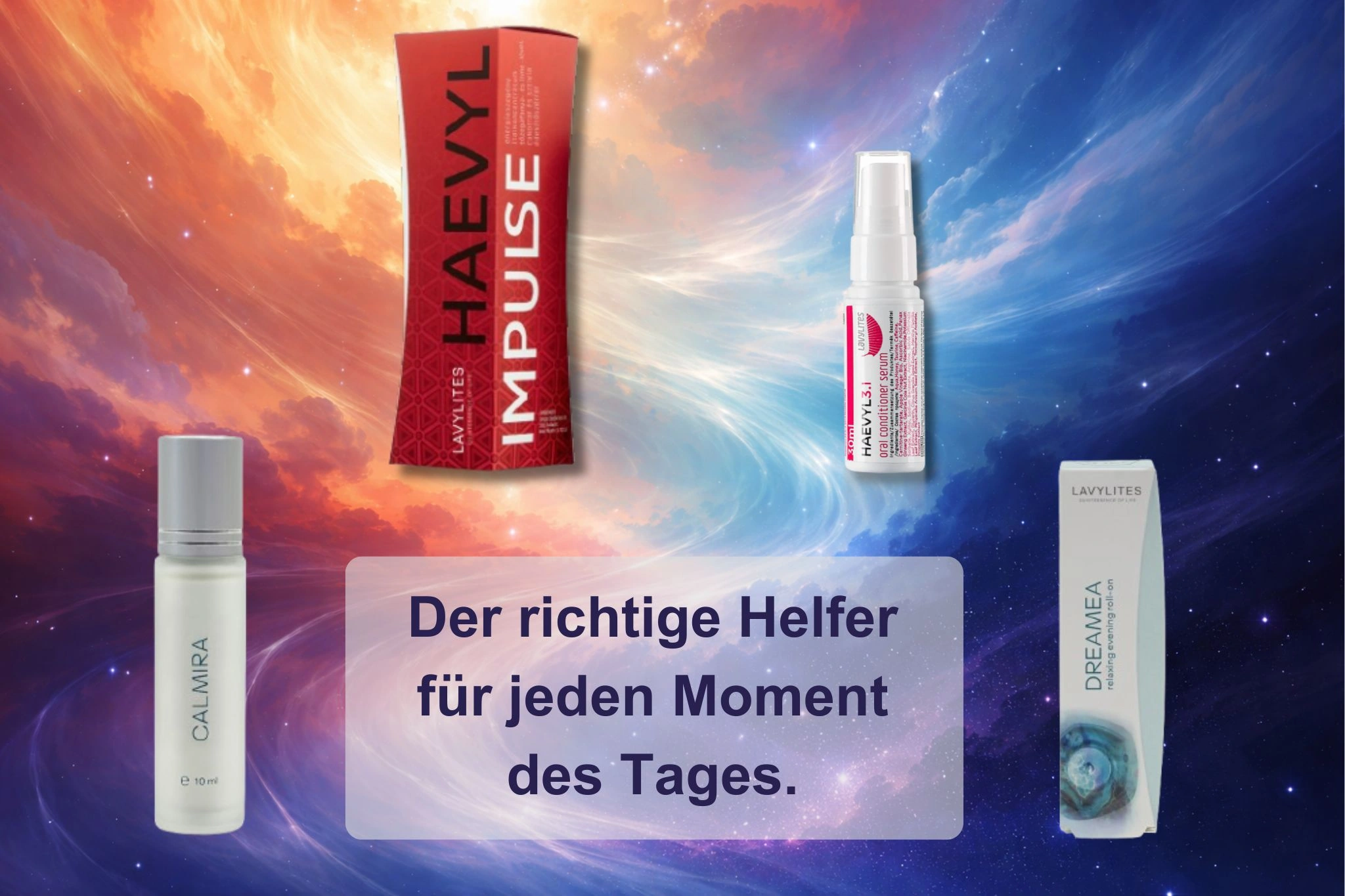 LAVYcosmetics Produkte zur Unterstützung des Cortisol-Tagesrhythmus – Haevyl 3.I, Haevyl Impulse, CALMIRA und DREAMEA auf der Tagesachse