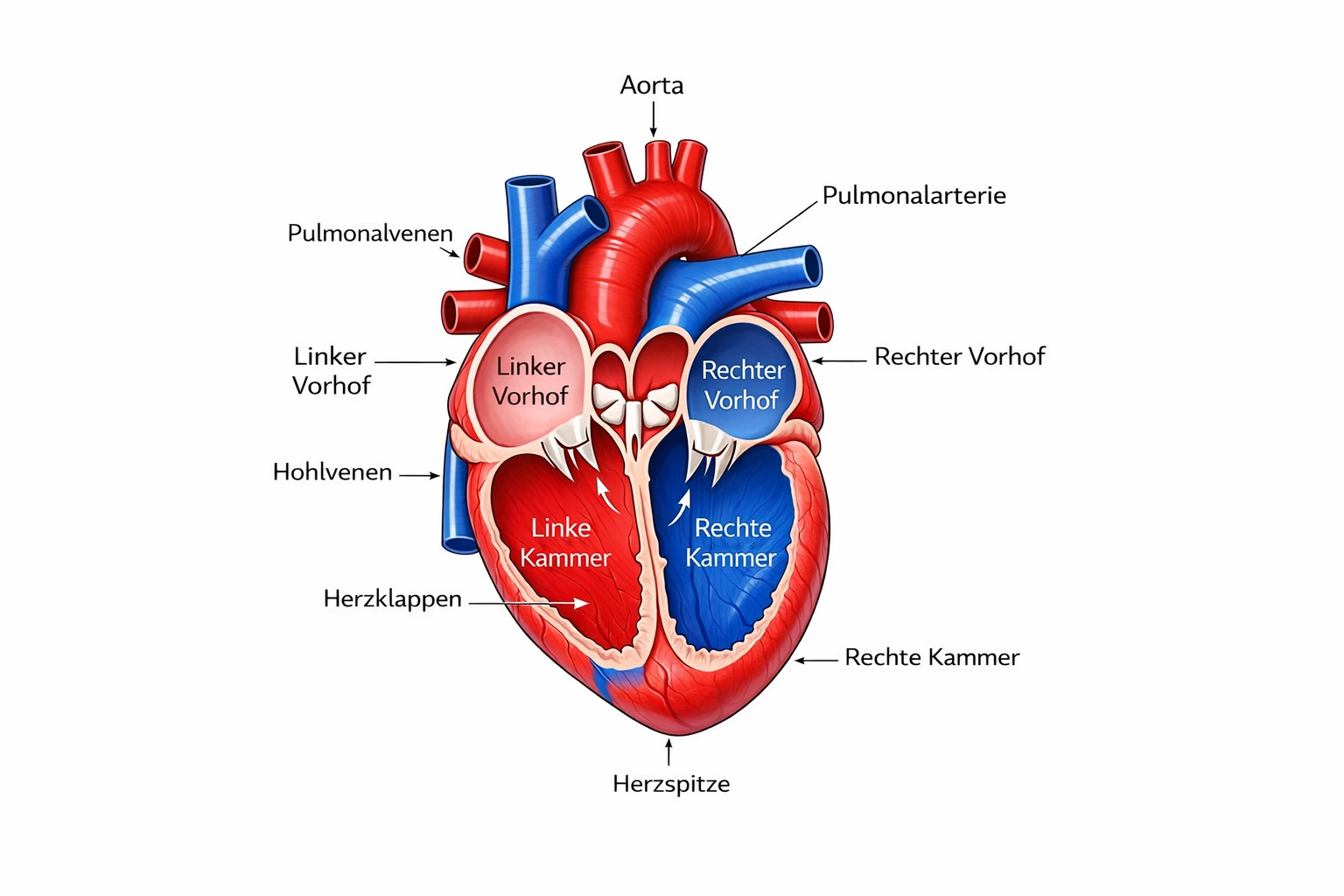 Schema des menschlichen Herzens – vier Kammern, Richtung des Blutflusses und Unterschied zwischen sauerstoffreichem und sauerstoffarmem Blut