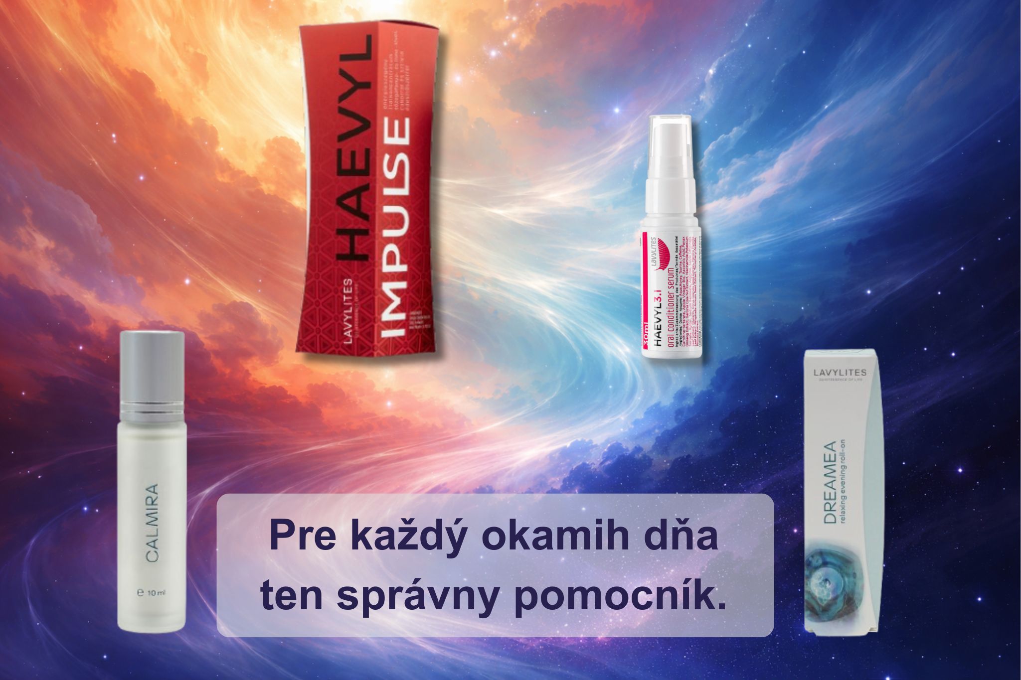 Produkty LAVYcosmetics na podporu denného rytmu kortizolu – Haevyl 3.I, Haevyl Impulse, CALMIRA a DREAMEA na časovej osi dňa