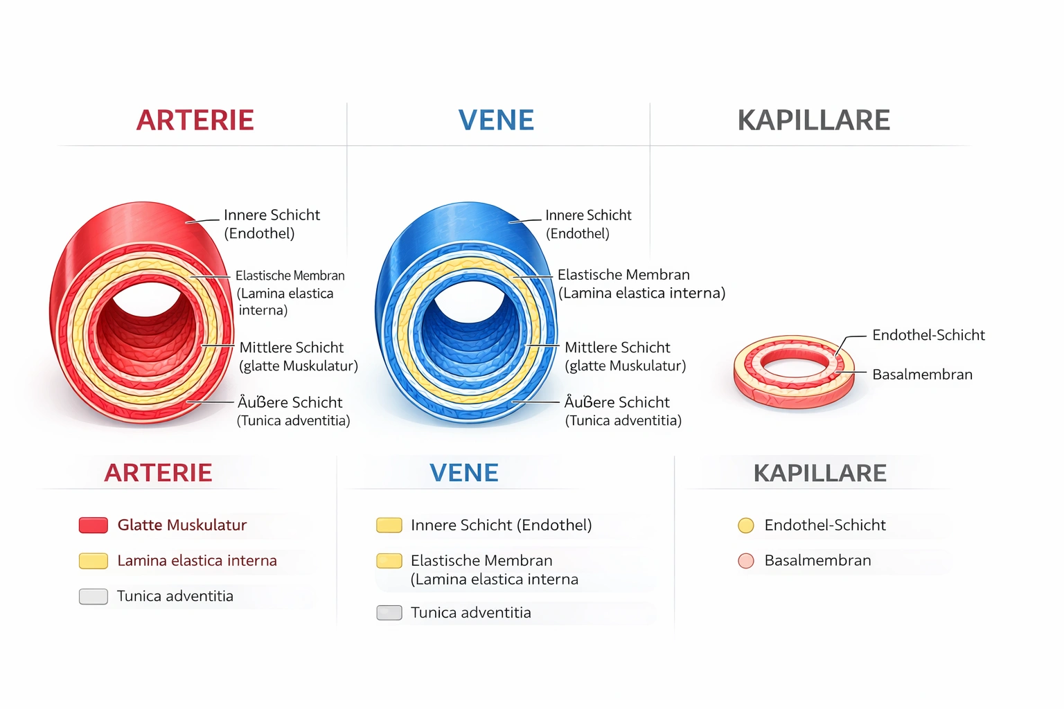 Vergleich des Querschnitts von Arterie, Vene und Kapillare – Struktur der Gefäßwände des menschlichen kardiovaskulären Systems