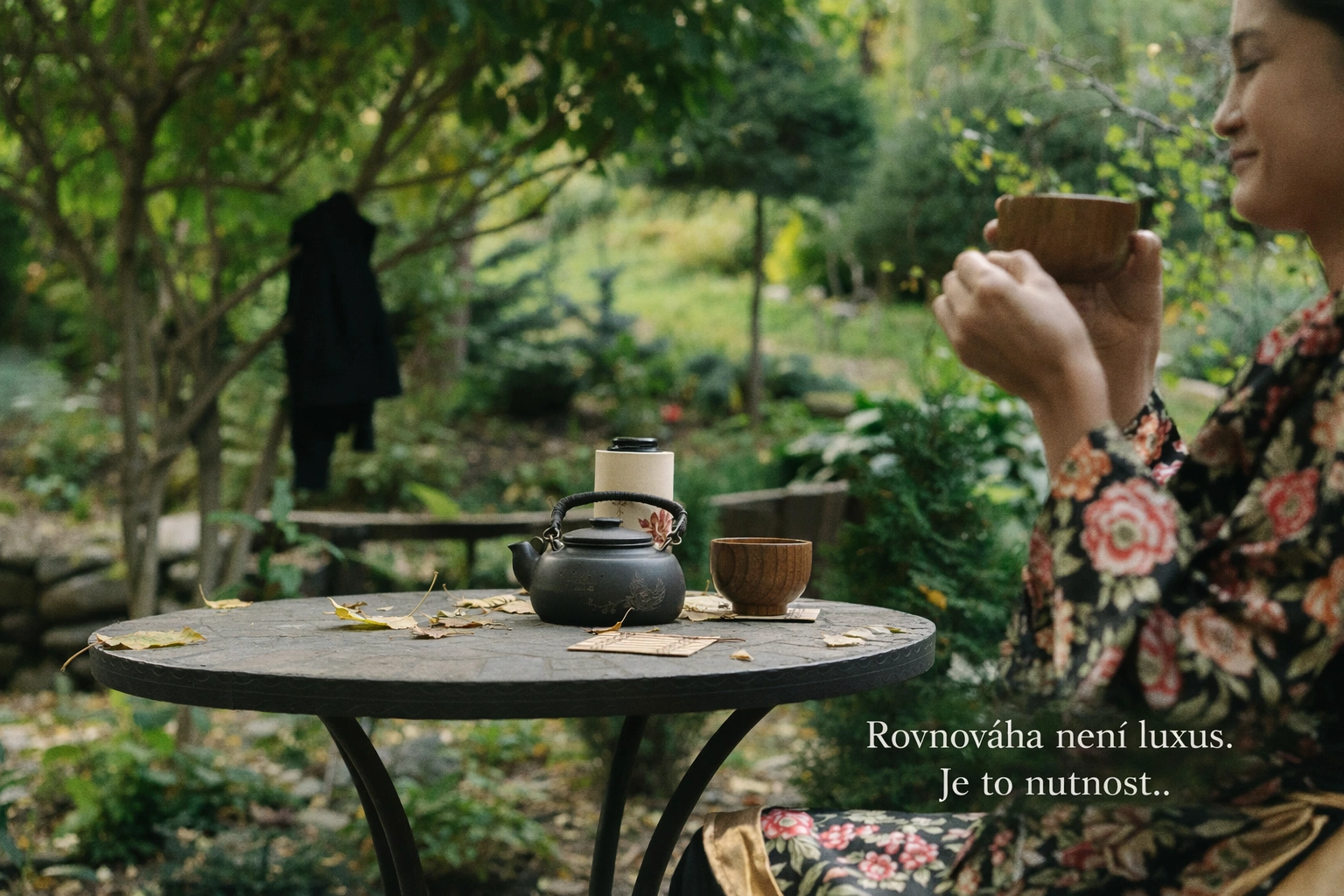 Koláž přirozených způsobů snížení kortizolu – pobyt v přírodě, meditace, zdravá strava, klid