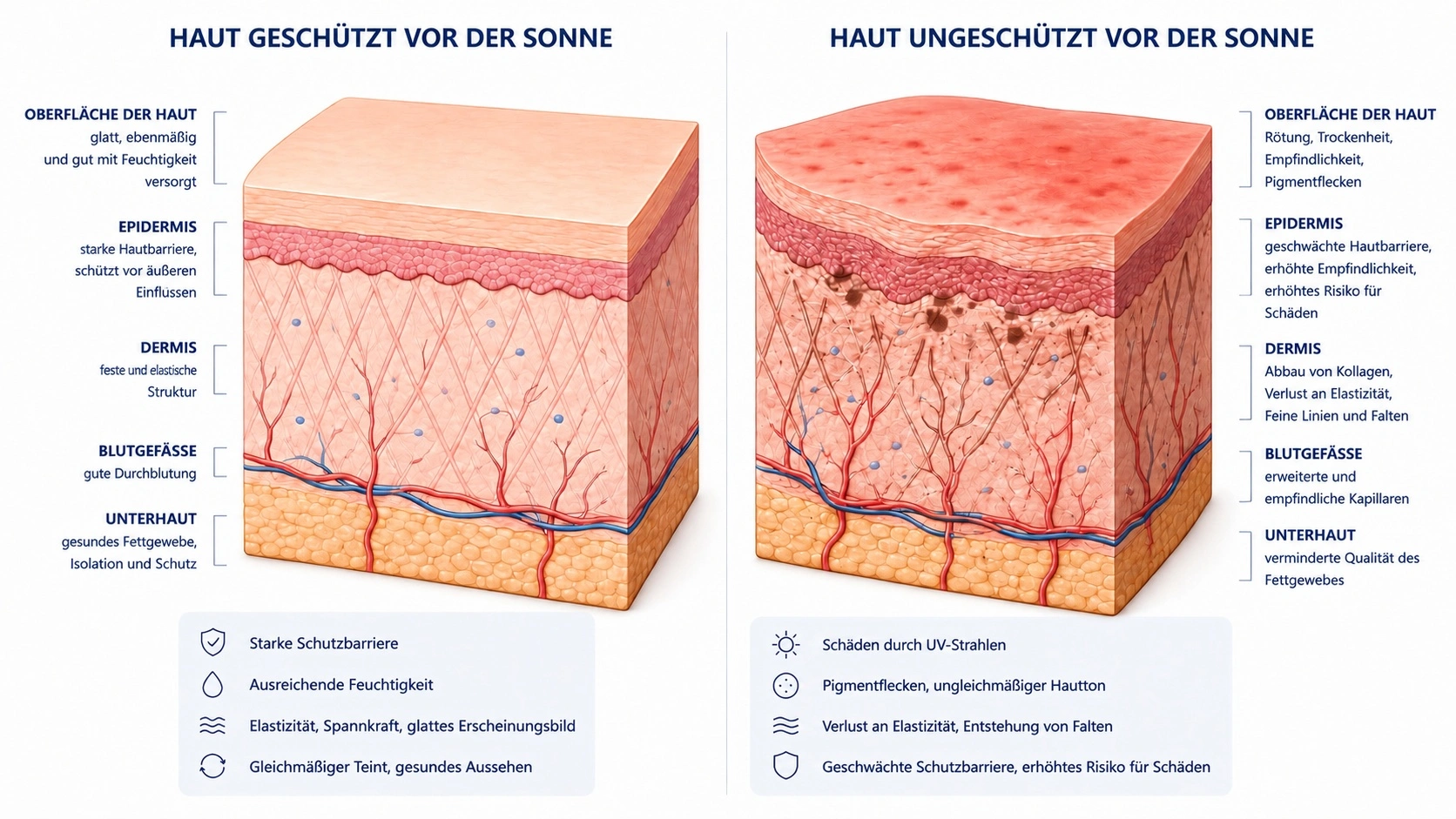 Illustration zum Vergleich von gesunder Haut und durch UV-Strahlung geschädigter Haut