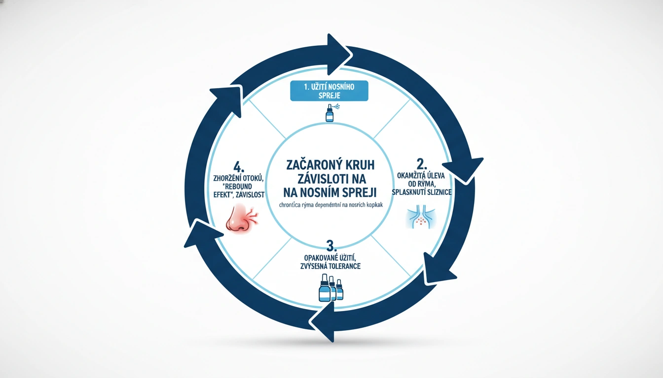 Diagram znázorňující začarovaný kruh závislosti na dekongestivních nosních sprejích — od ucpaného nosu přes sprej a dočasnou úlevu zpět k horšímu ucpání.