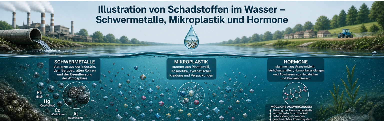 Illustration von Schadstoffen im Wasser – Schwermetalle, Mikroplastik und Hormone