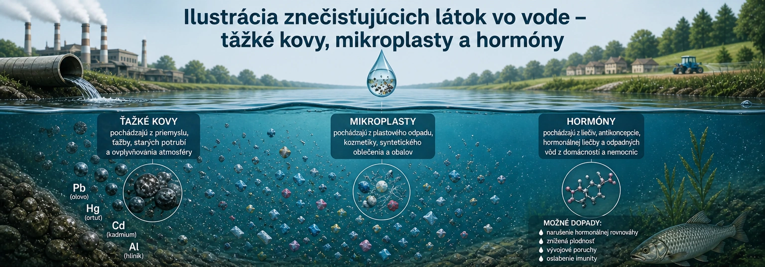 Ilustrácia znečisťujúcich látok vo vode – ťažké kovy, mikroplasty a hormóny