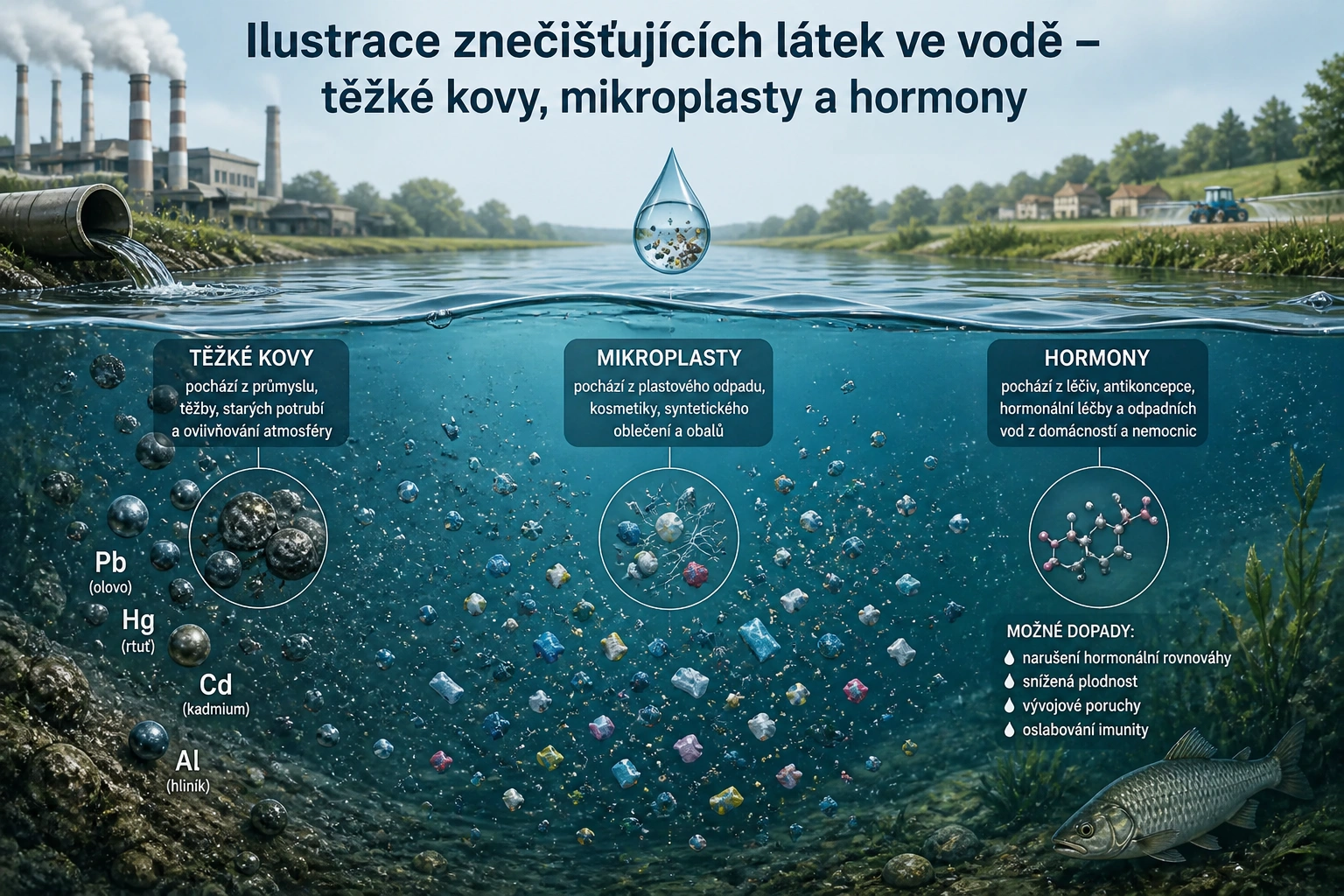 Ilustrace znečišťujících látek ve vodě – těžké kovy, mikroplasty a hormony