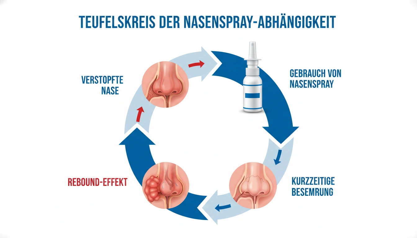 Diagramm, das den Teufelskreis der Abhängigkeit von abschwellenden Nasensprays zeigt – von verstopfter Nase über Spray und vorübergehende Erleichterung zurück zu stärkerer Verstopfung.