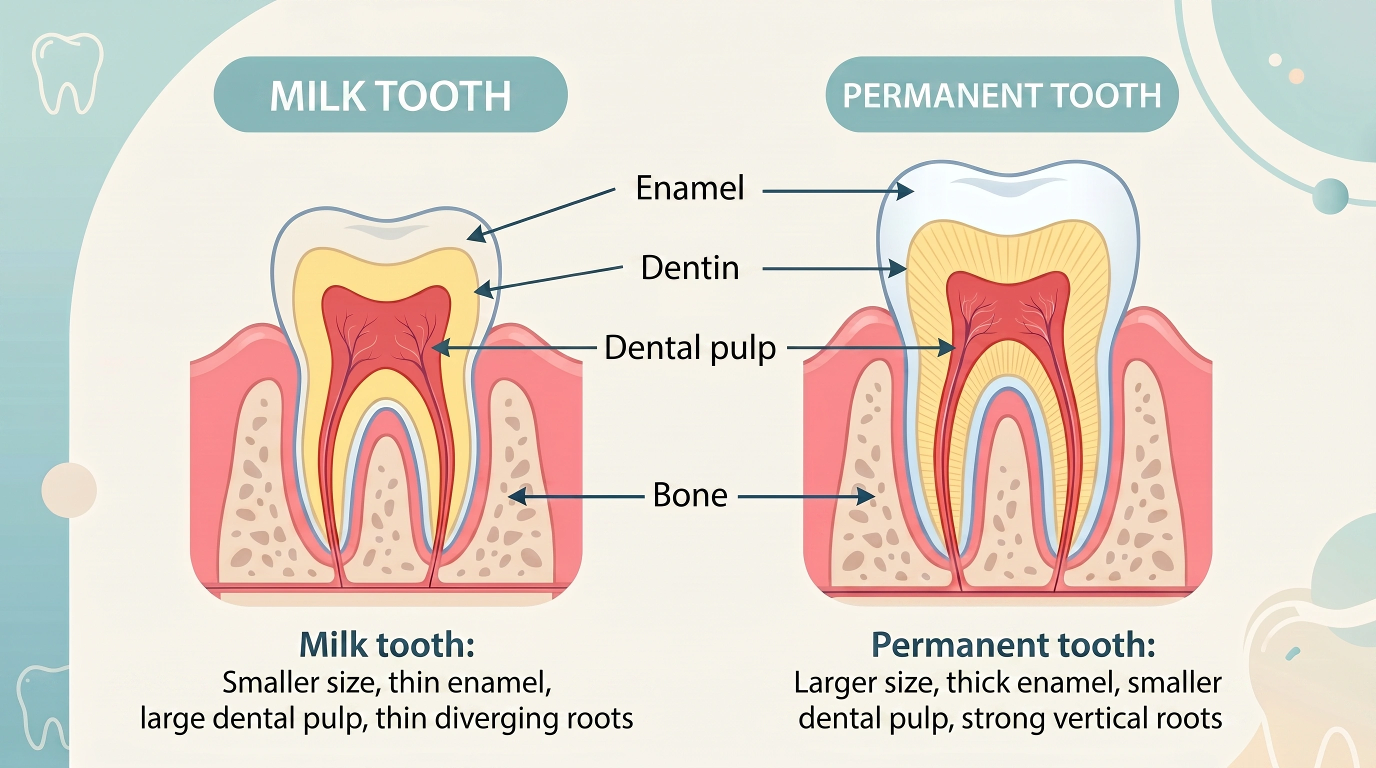 Comparative illustration of a primary tooth and a permanent tooth cross-section – thinner enamel and softer dentine in the primary tooth