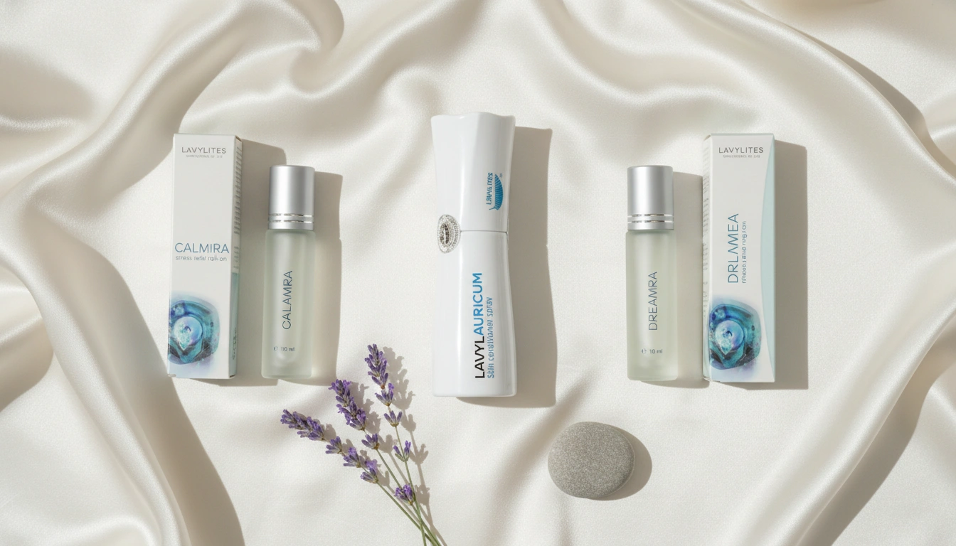 Flat lay přírodních produktů pro lepší spánek – masážní oleje, sprej a péče o pokožku