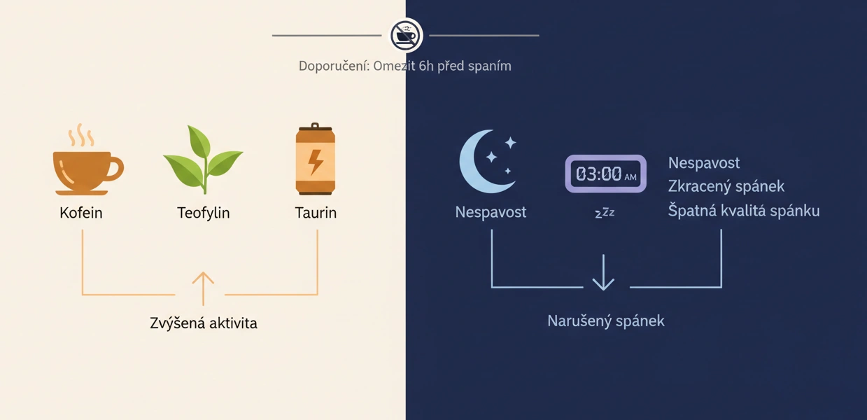 Infografika ukazující vliv kávy, čaje, čokolády a alkoholu na kvalitu spánku