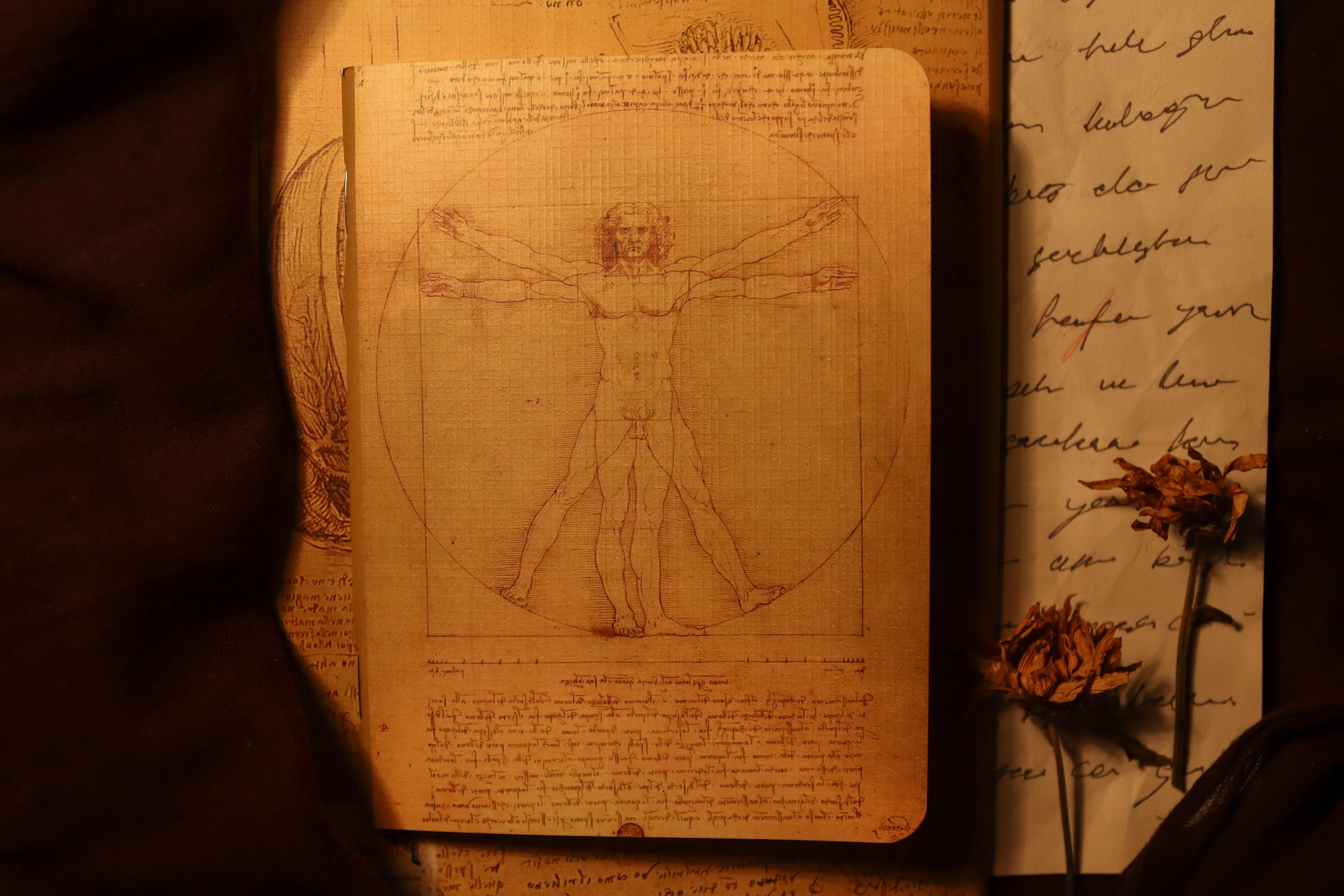 L'Uomo vitruviano di Leonardo in un taccuino – disegno di una figura umana inscritta in un cerchio e un quadrato, circondata da note in scrittura speculare