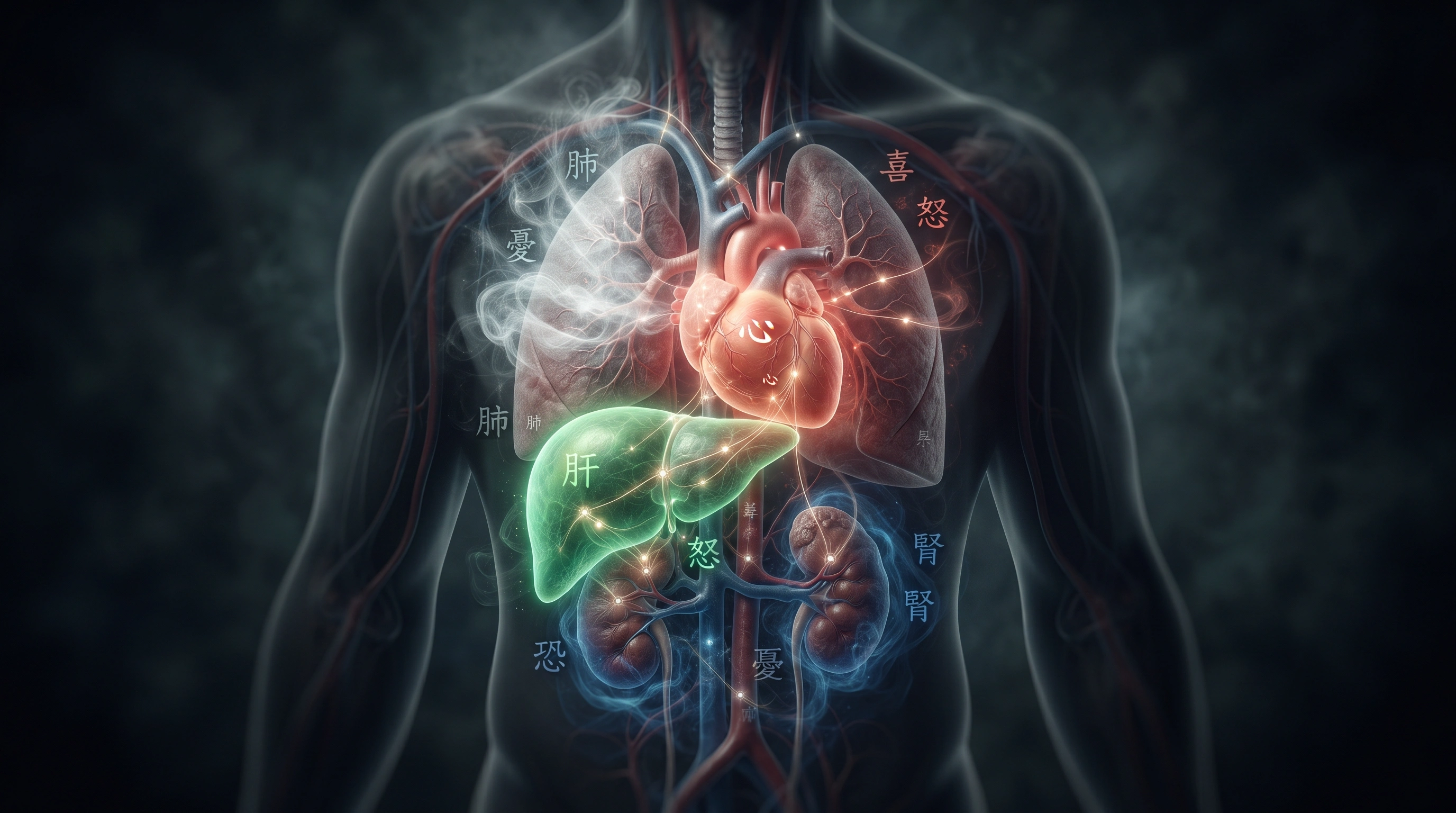 Ilustrace propojení emocí a orgánů v tradiční čínské medicíně – srdce, játra, plíce, ledviny a jejich emocionální vazby