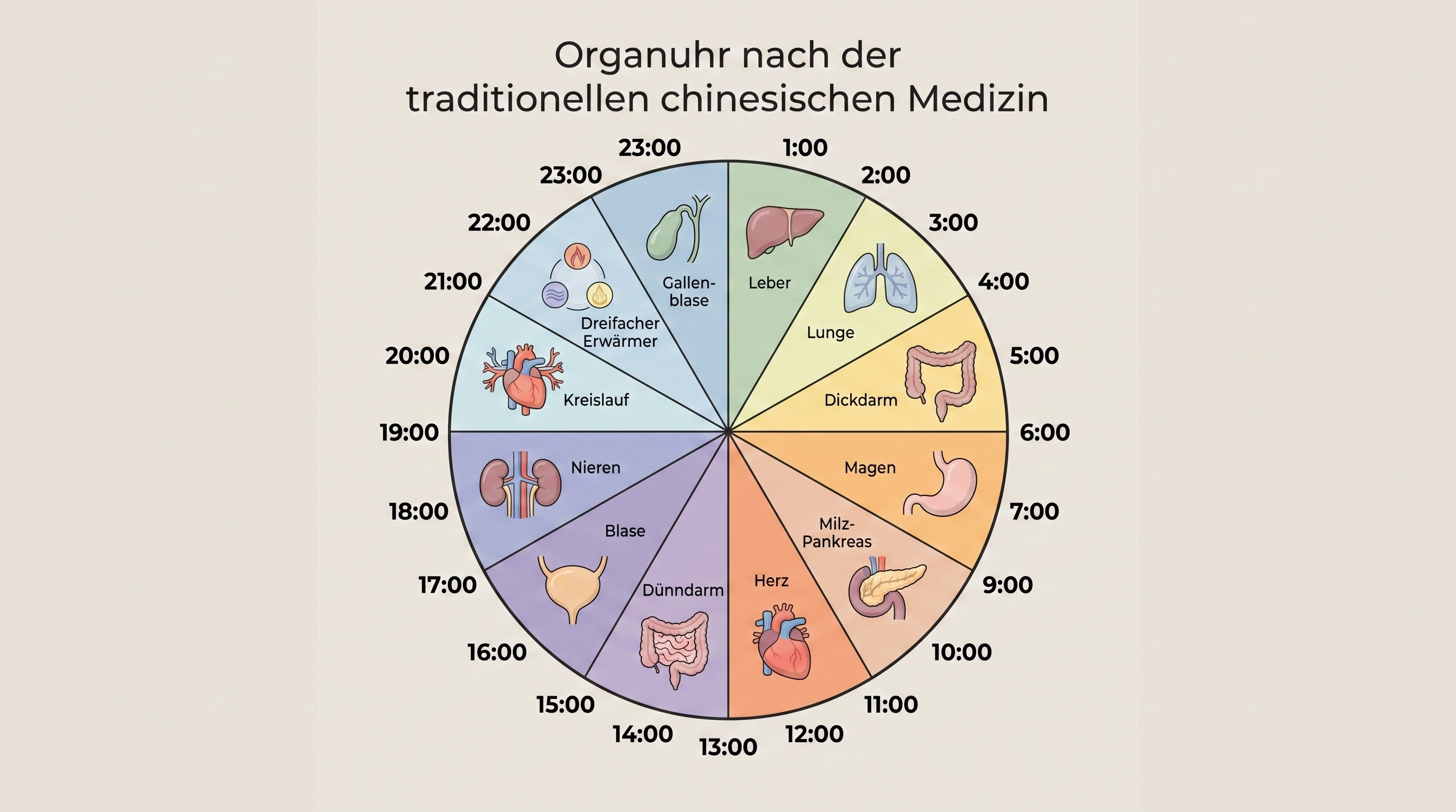 Kreisförmige Infografik der Organuhr der traditionellen chinesischen Medizin mit allen 12 Organen und ihren zweistündigen Aktivitätshöhepunkten