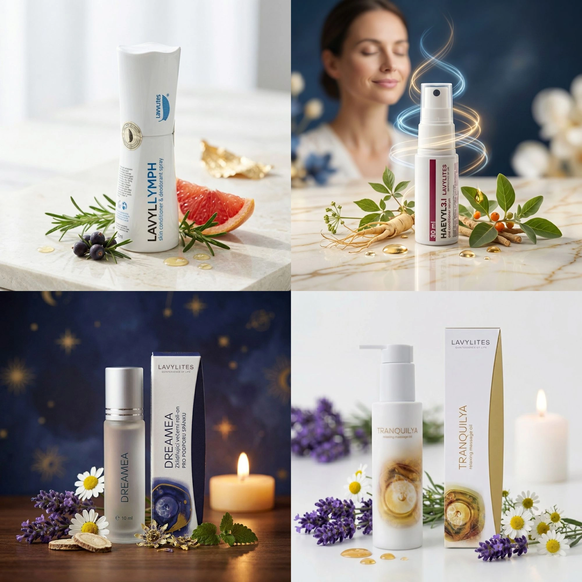 Produkty Lavycosmetics DREAMEA, Tranquila, Haevyl 3.I a Lavyl Lymph na podložce s levandulí – podpora nočního rytmu a regenerace