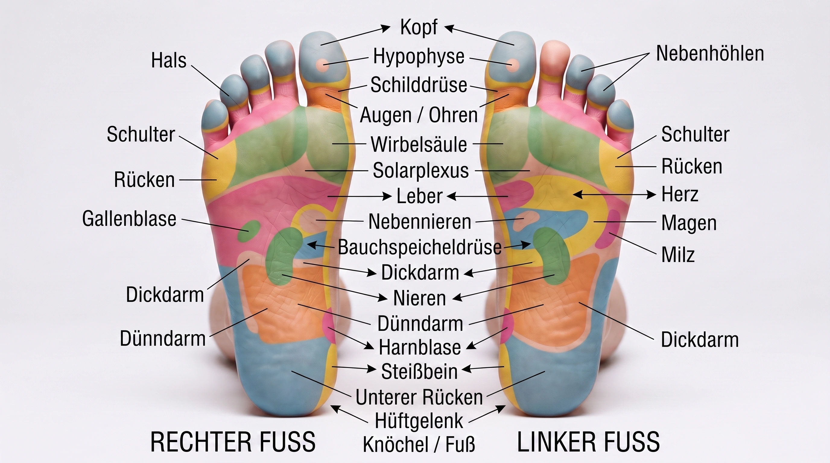 Schema der Reflexzonen an der Fußsohle mit eingezeichneten Bereichen, die einzelnen Organen und Körperteilen entsprechen