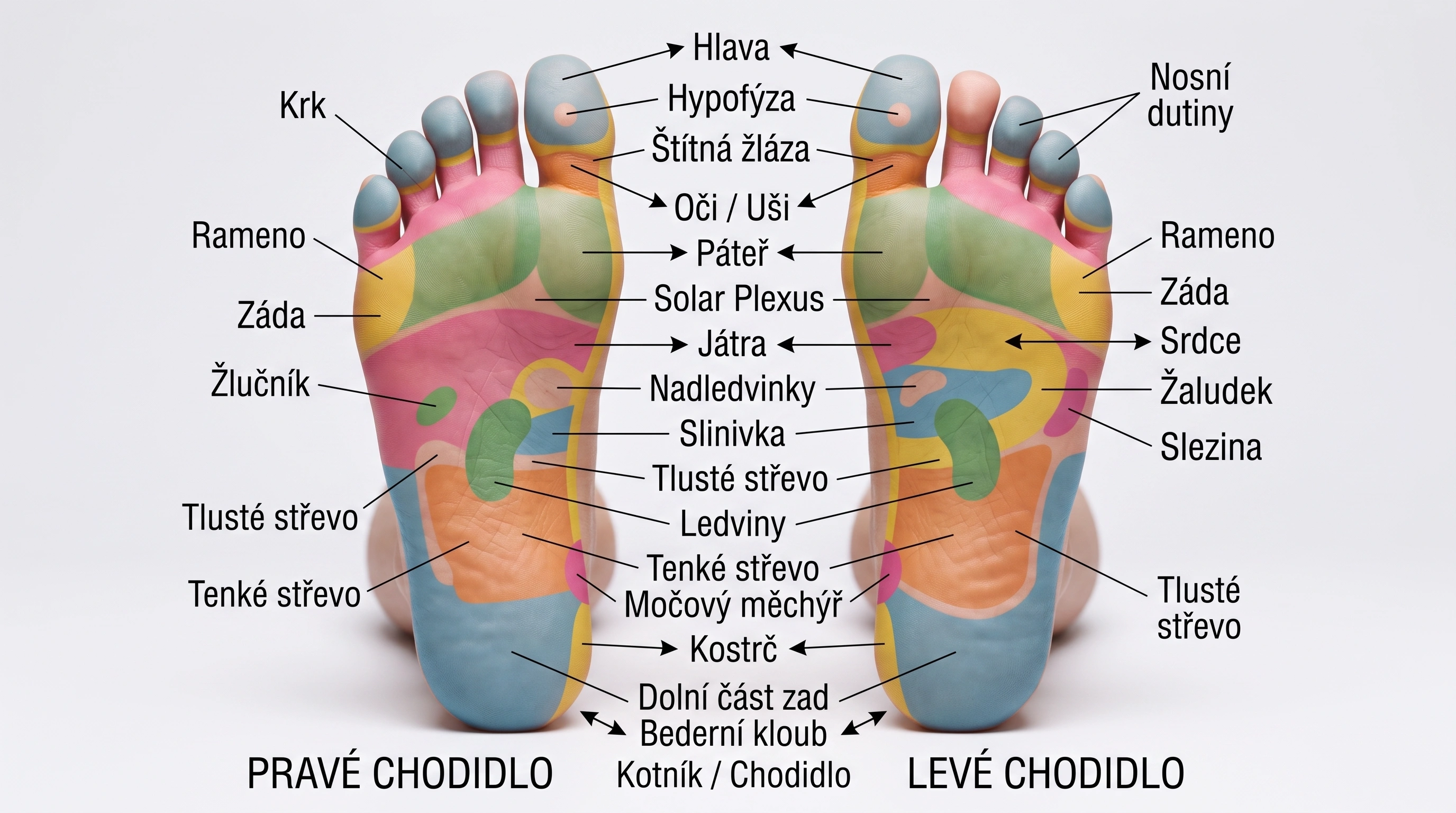 Schéma reflexních zón na chodidle s vyznačenými oblastmi odpovídajícími jednotlivým orgánům a částem těla