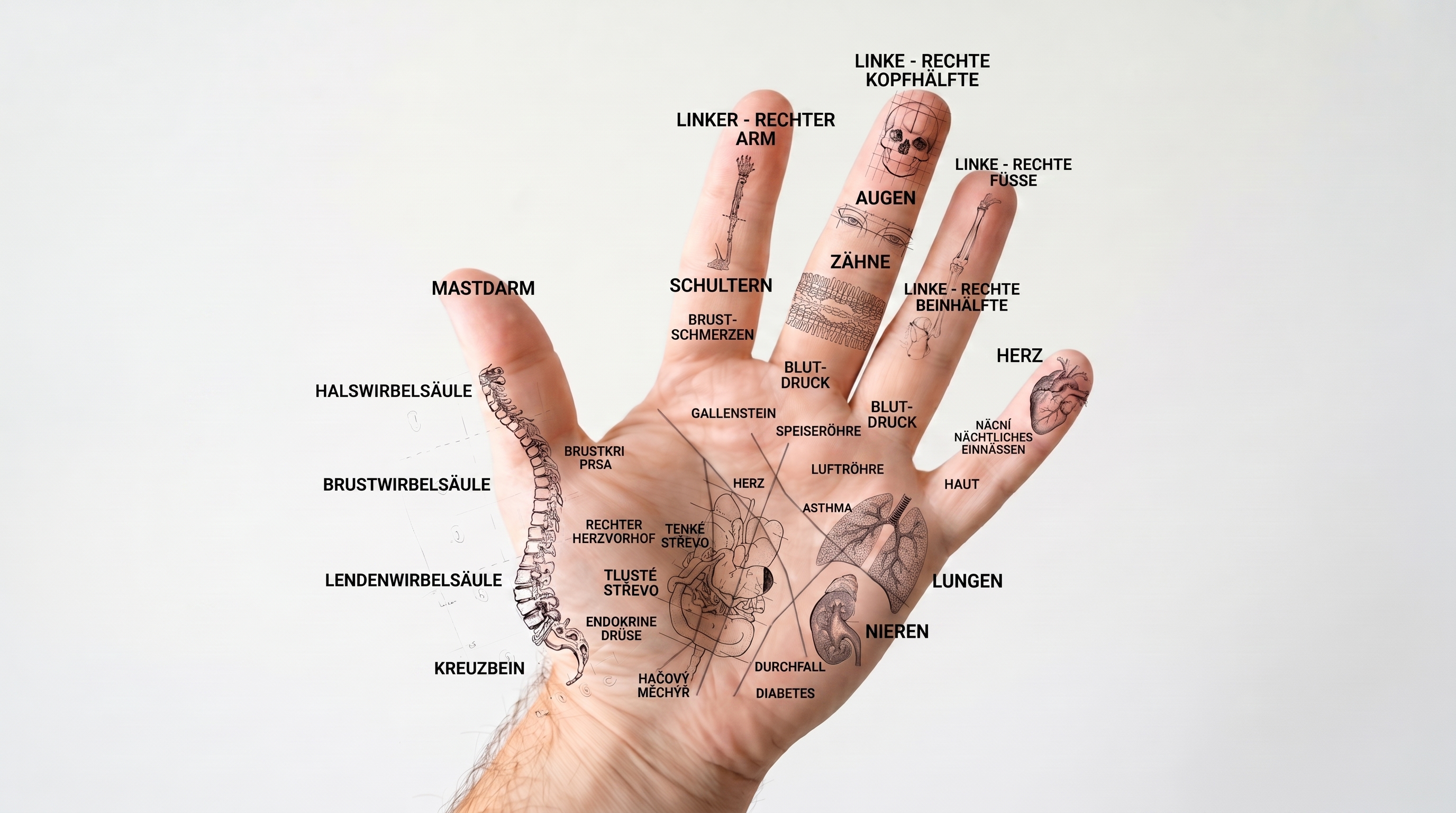 Schema der Reflexzonen auf der Handfläche mit eingezeichnetem He-Gu-Punkt und Bereichen, die den Körperorganen entsprechen