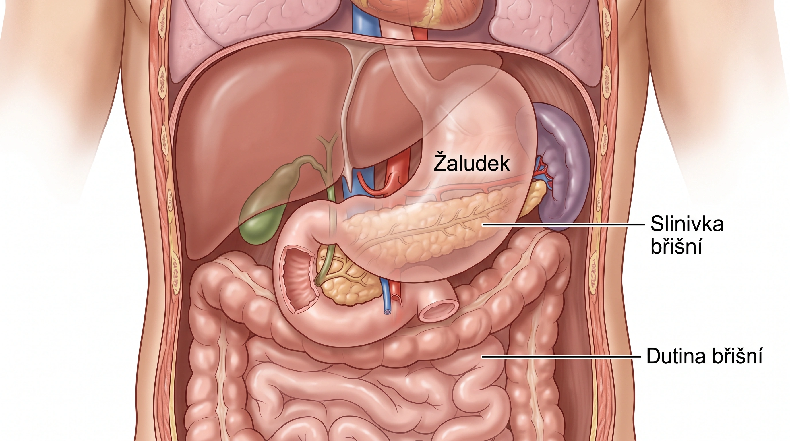 Schematická ilustrace polohy slinivky břišní za žaludkem v dutině břišní
