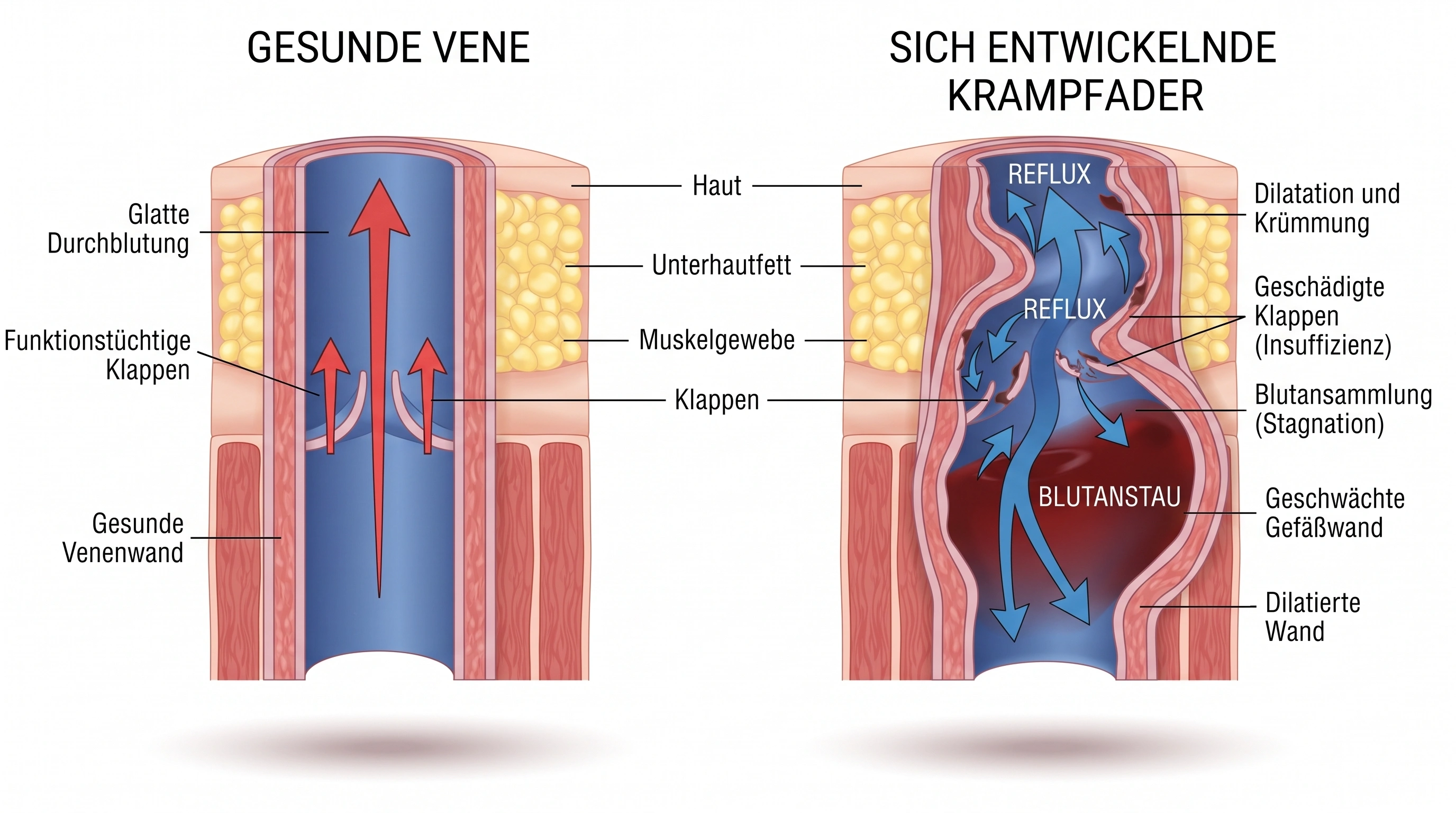 Schematische Darstellung einer gesunden und einer geschwächten Vene im Bein – wie Krampfadern entstehen