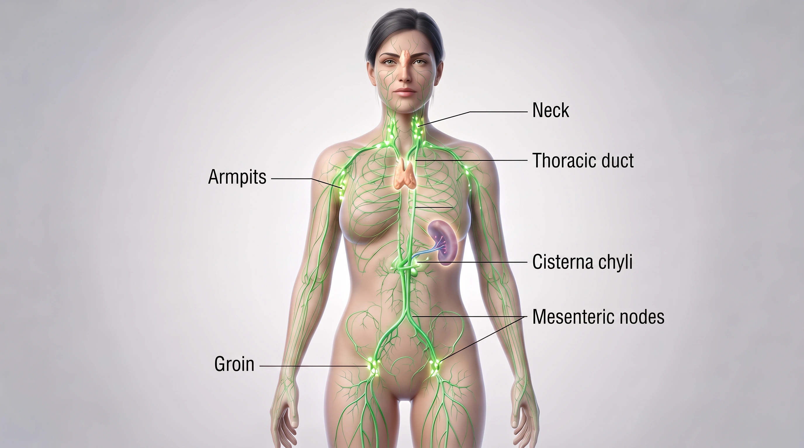 Illustration of lymphatic pathways and lymph nodes on the female body
