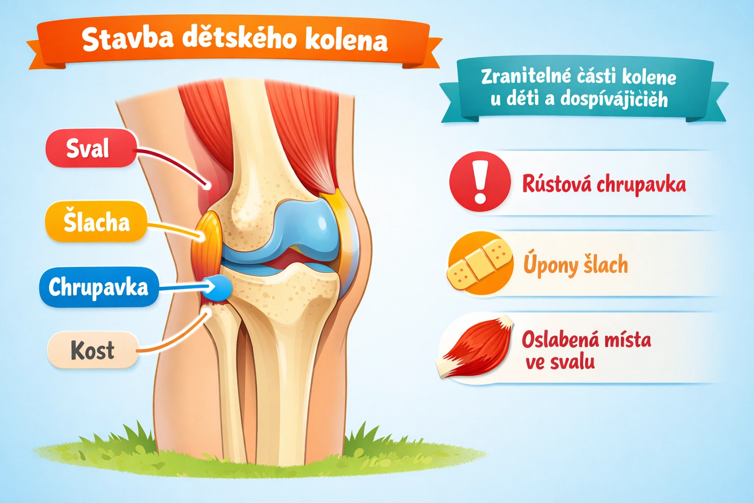 Stavba dětského kolene_sval_šlacha_kost_kloub_vaz