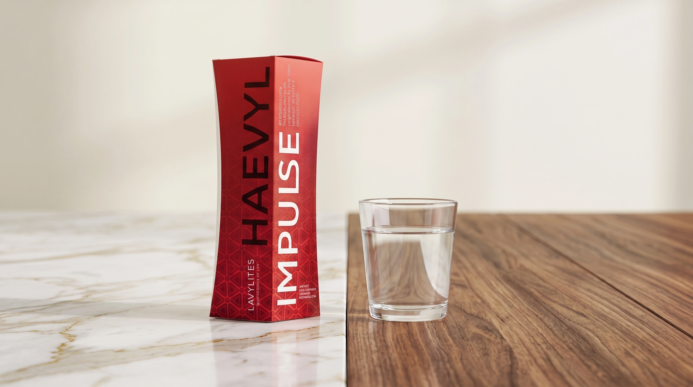 Balíček Start zevnitř &ndash; produkt Haevyl Impulse na světlém pozadí vedle sklenice vody.